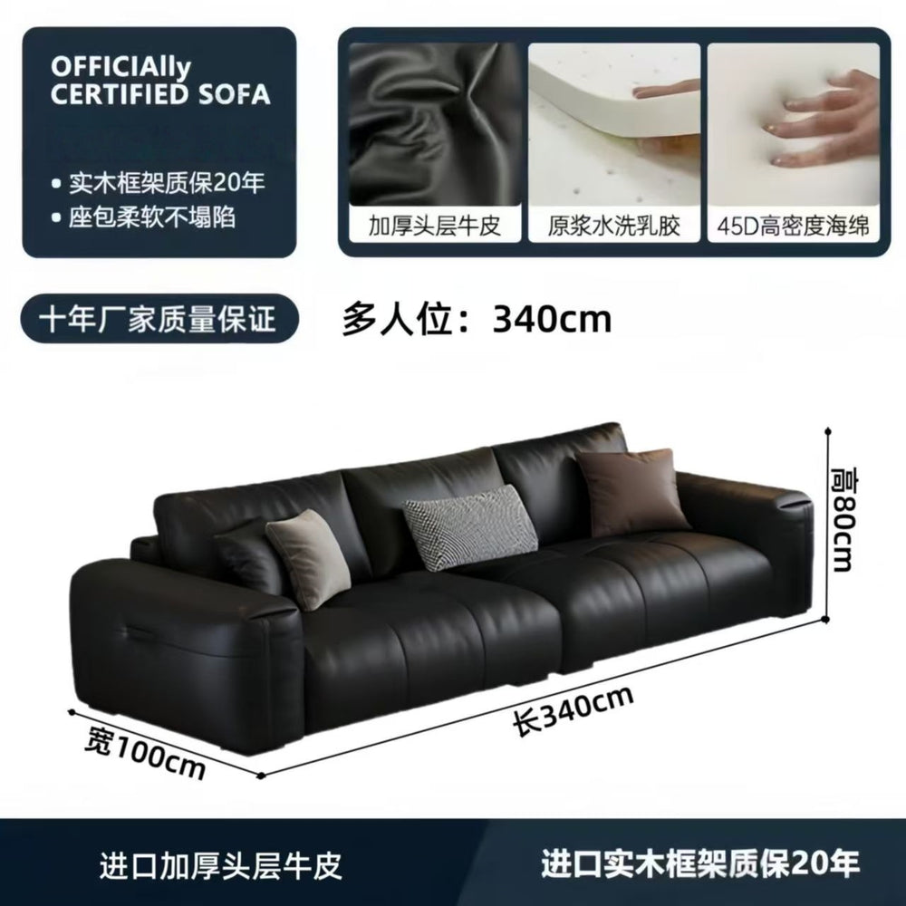 Italian minimalist genuine leather sofa, perfect for small apartments. black, top-grain cowhide, straight-row, high-end leather sofa for home living rooms