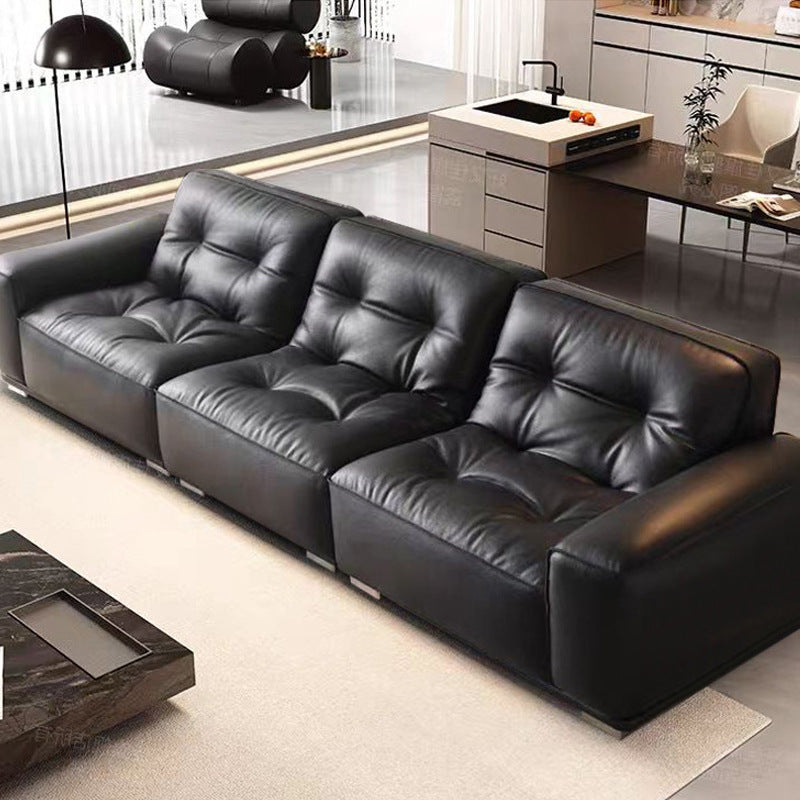 Italian minimalist genuine leather sofa, straight-row, high-end living room sofa, soft furnishings for villas, black high-end black diamond sofa