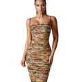 European and american style women's summer  new fashion spaghetti strap printed backless ruched bodycon mini dress wholesale