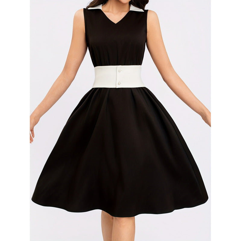 Aliexpress cross-border new women's original black and white patchwork pearl button sleeveless solid color dress