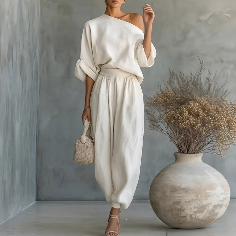 women's summer new arrivals:  cross-border fashion casual solid color one-shoulder loose fit pants set (us/eu style)
