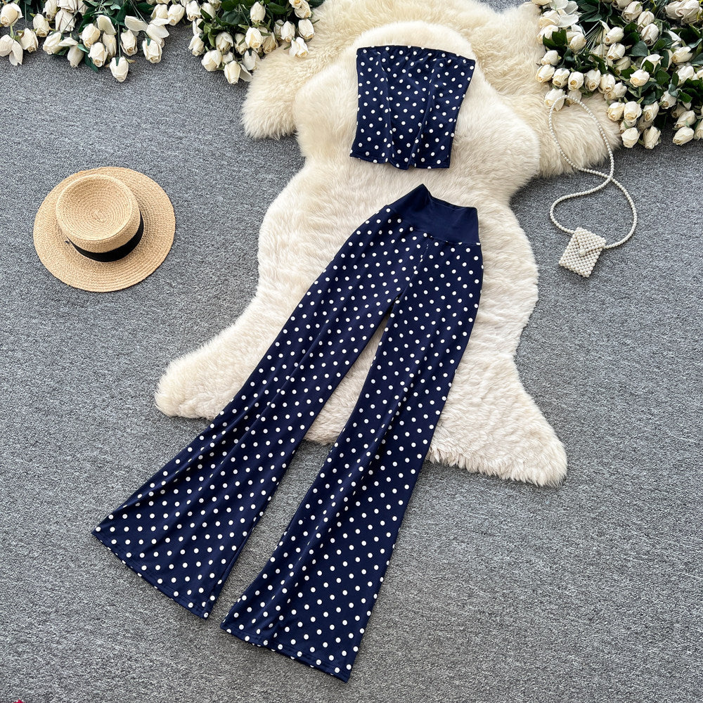 K-style high waist polka dot casualcasualtwo-piece set female summer lazy style slimming look silmsuitelegant outfit