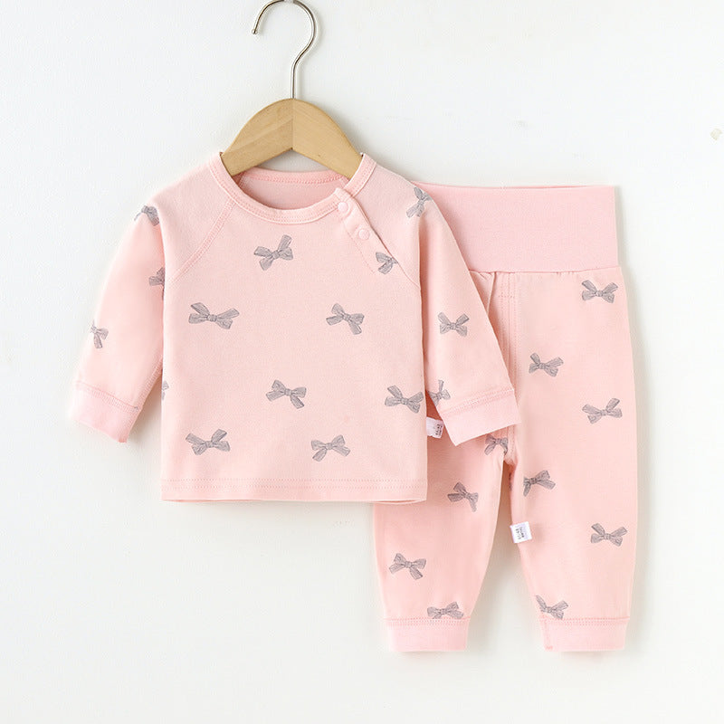newborn & infant pure cotton autumn clothes set: high-waisted belly protection pants & seamless kids' pajamas