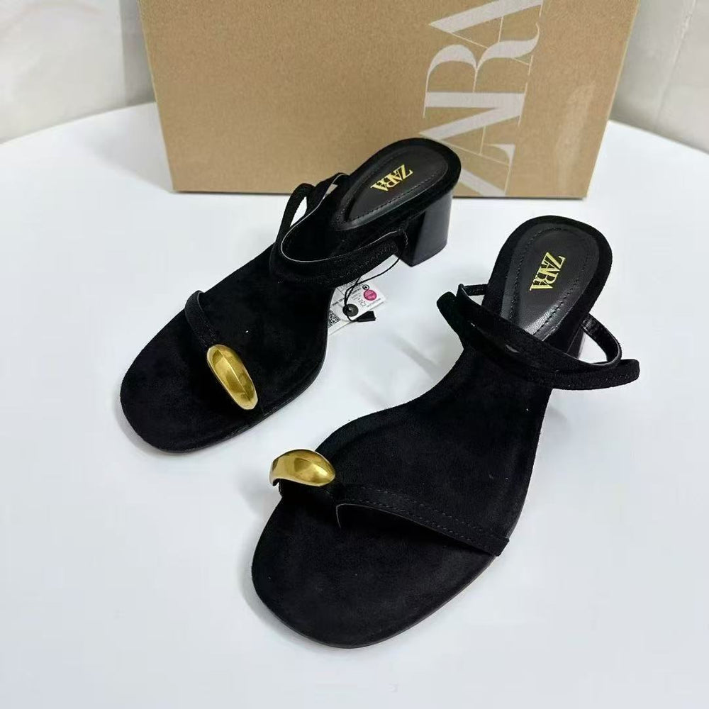 Zaexport women's shoes metal one-piece strap clip toe thick heel high heel sandals fashionfrench with skirt medium heel high heels