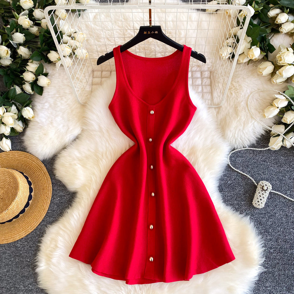 French style sleeveless knitted dress - new summer korean a-line mini dress for women, slimming pink skirt