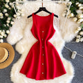 French style sleeveless knitted dress - new summer korean a-line mini dress for women, slimming pink skirt