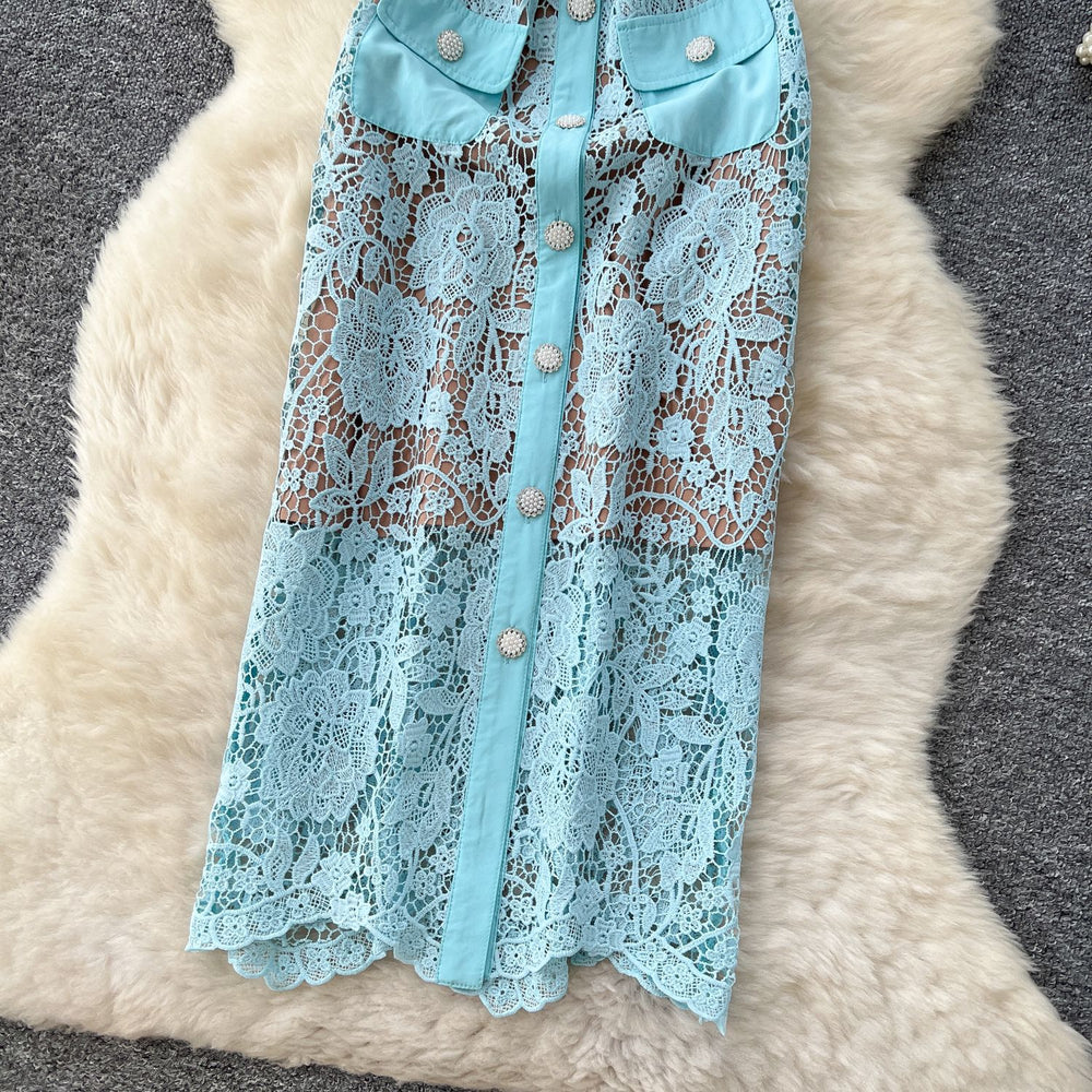 Luxury european and american style blazer collar short sleeve dress - women's summer mesh hollow-out crochet slimming elegant maxi dress