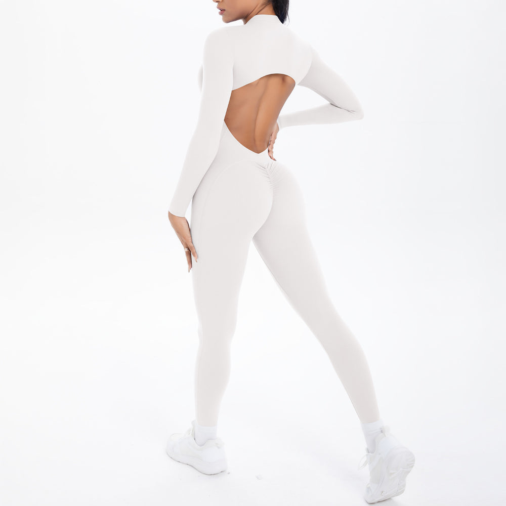New arrival cross-border double-sided brocade pure color beautiful back cut outlong sleeves jumpsuit sports running fitness yoga wear jumpsuit