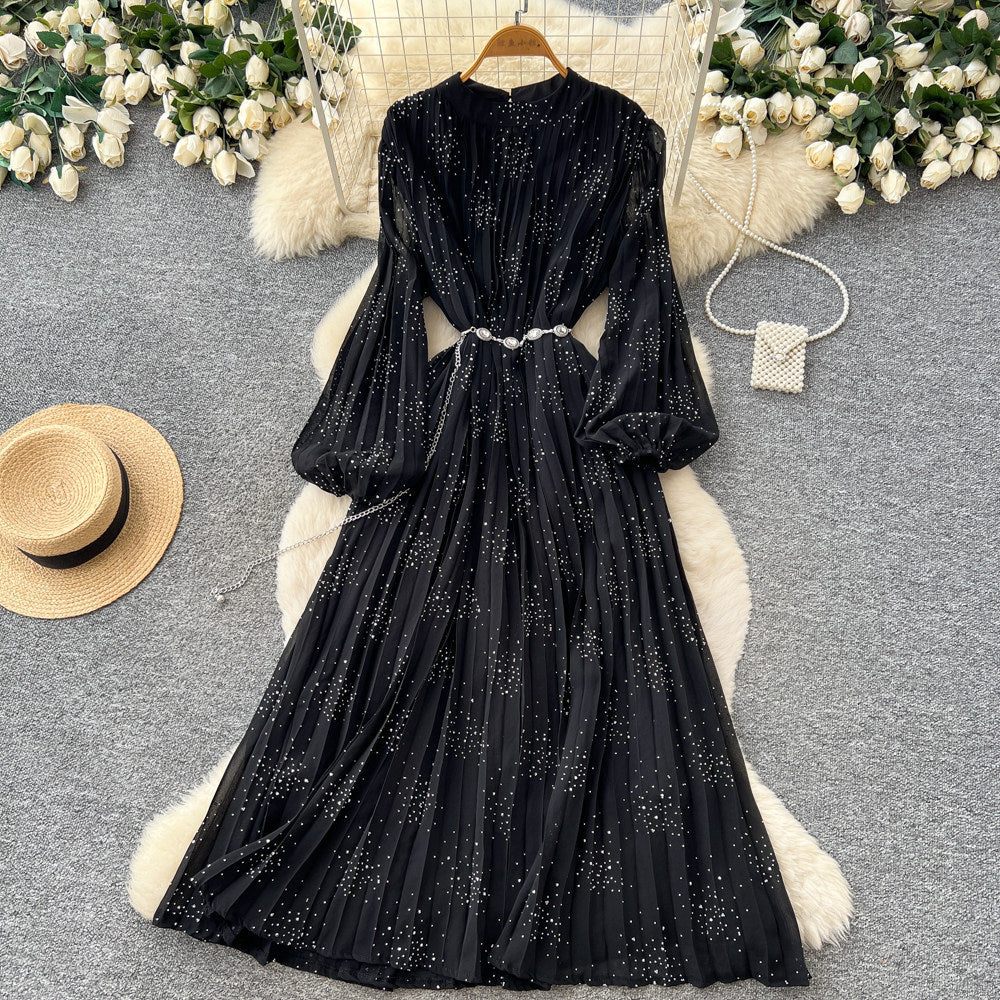 French style pleated bodycon dress - women's spring long sleeve a-line dress - cinched waist, elegant and gentle long dress