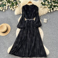 French style pleated bodycon dress - women's spring long sleeve a-line dress - cinched waist, elegant and gentle long dress