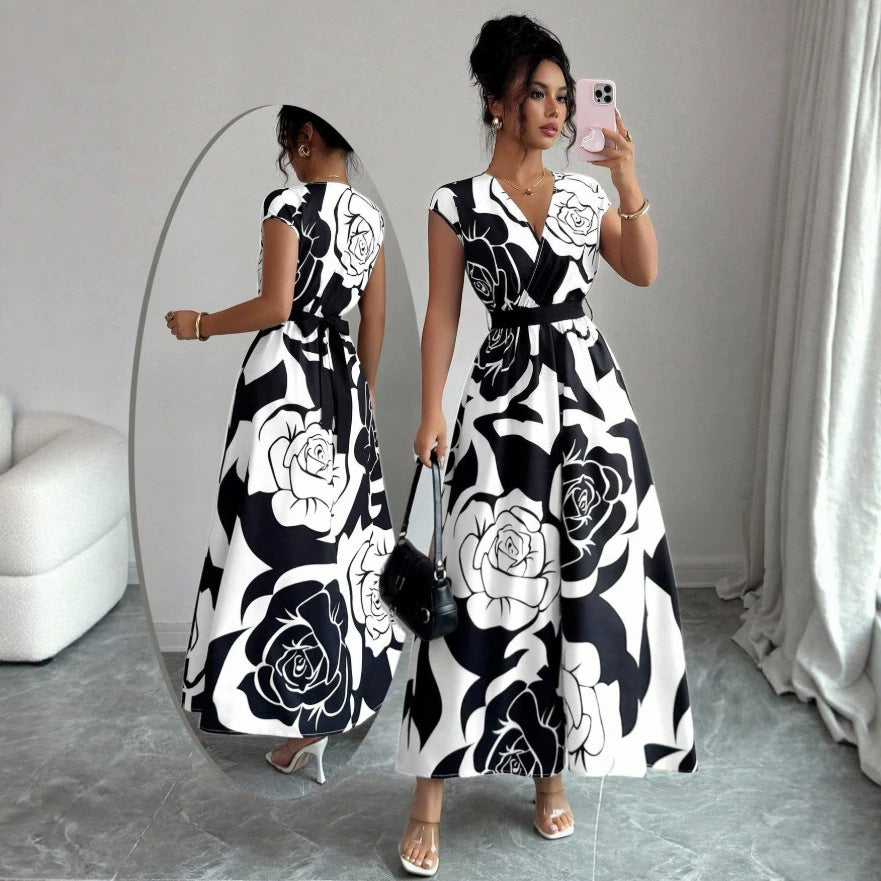 printed a-line dress - women's spring slim fit, waist-defining, figure-flattering, elegant v-neck dress