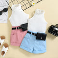 exportchildren's suit  summernew arrivalgirl pit sleeveless topspure color waist bag shortssuit