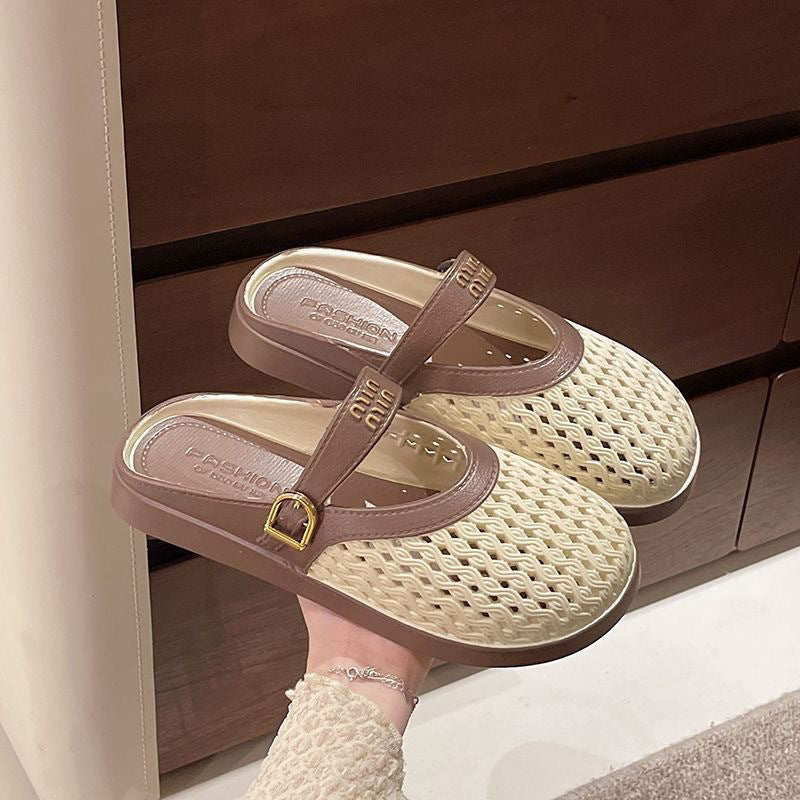 2025 summer new arrival: woven, hollow-out, breathable, minimalist, versatile, casual, comfortable, low-cut, wearable-out, flat, half-slipper women's shoes
