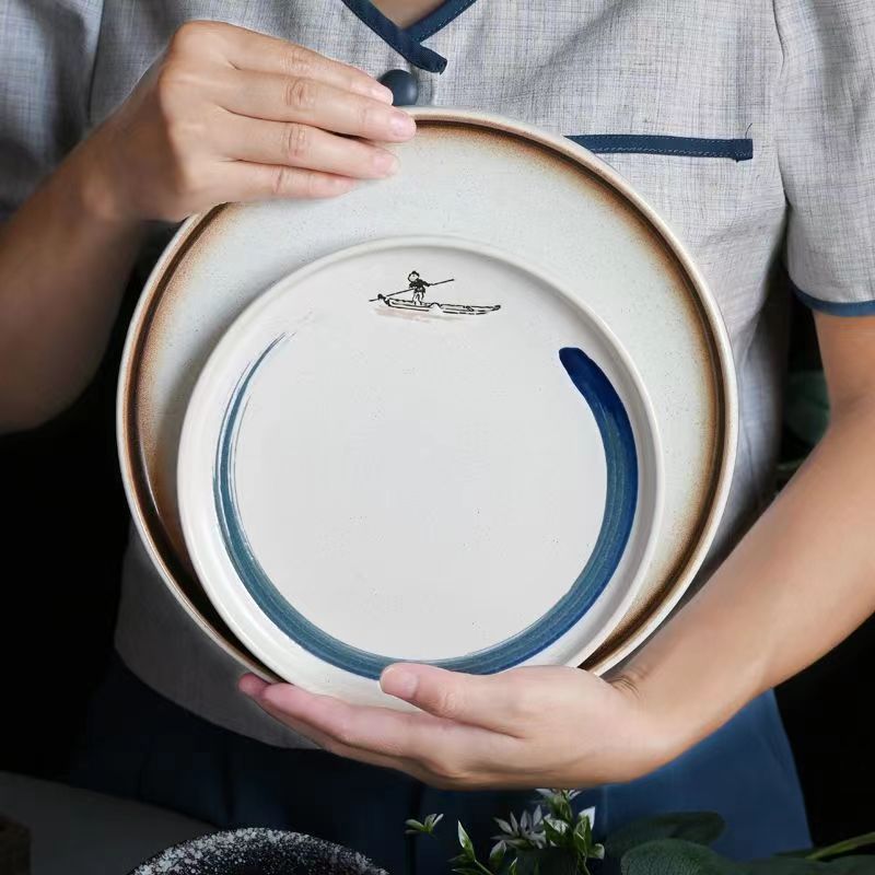 Japanese retro ceramic western dinner plate steak flat plate stoneware household dinner plate commercial round plate hotel restaurant tableware