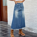 European and american cross-border foreign trade women's spring and summer new  independent station washed raw edge denim skirt mid-length skirt