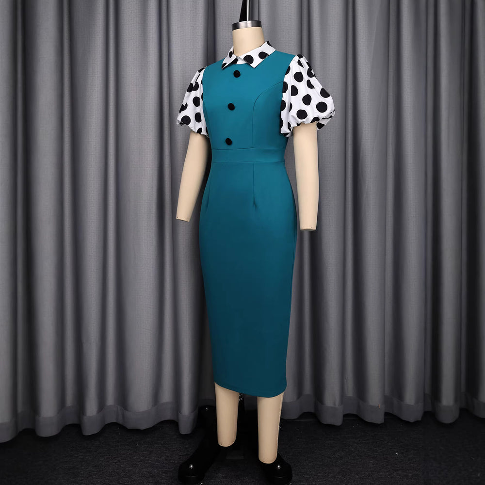 new plus size midi dress - green patchwork polka dot puff sleeve turn-down collar a-line dress