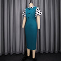 new plus size midi dress - green patchwork polka dot puff sleeve turn-down collar a-line dress