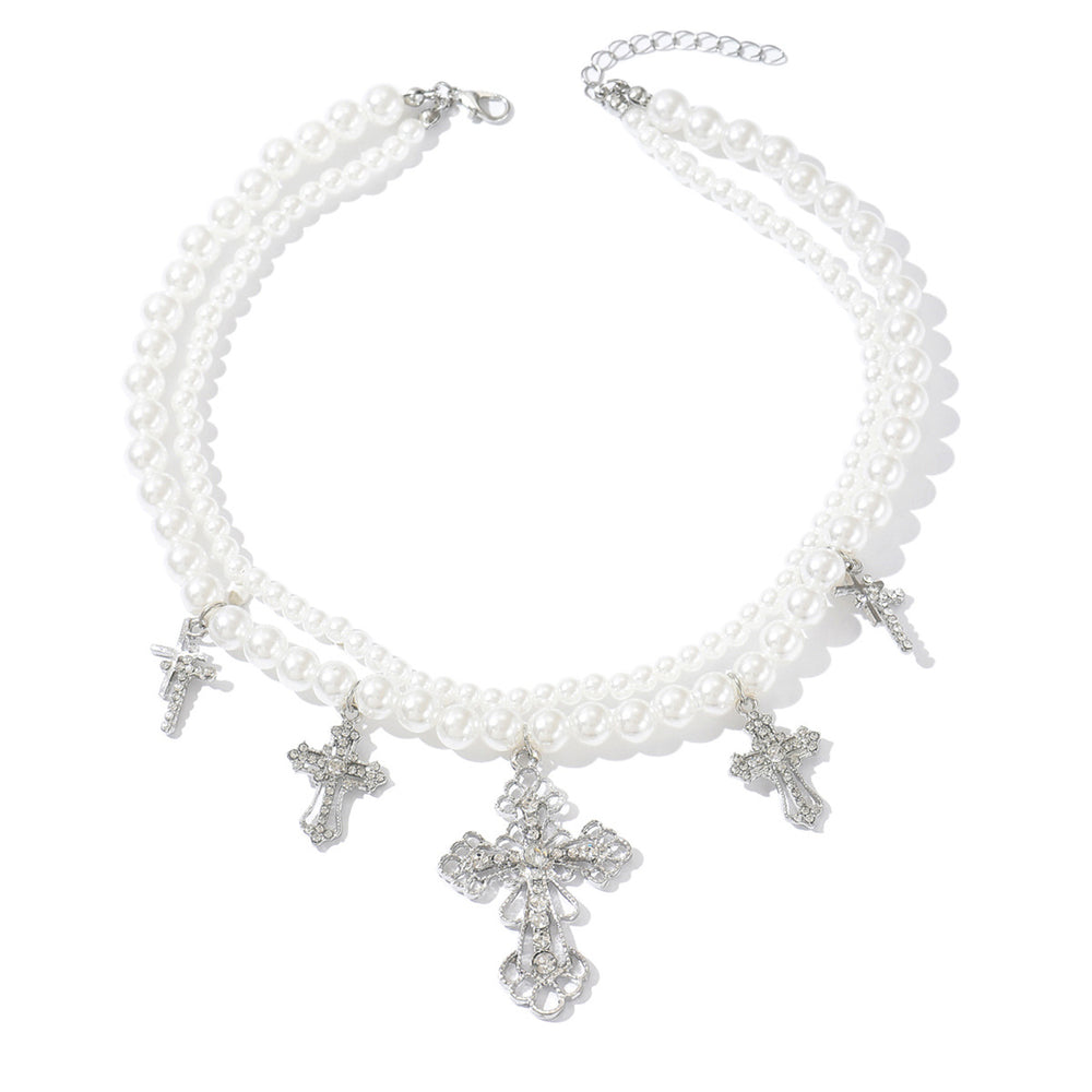 Double-layered imitation pearl necklace wholesale european and american cross-border accessible luxury high-end diamond-encrusted cross pendant clavicle chain