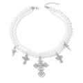 Double-layered imitation pearl necklace wholesale european and american cross-border accessible luxury high-end diamond-encrusted cross pendant clavicle chain