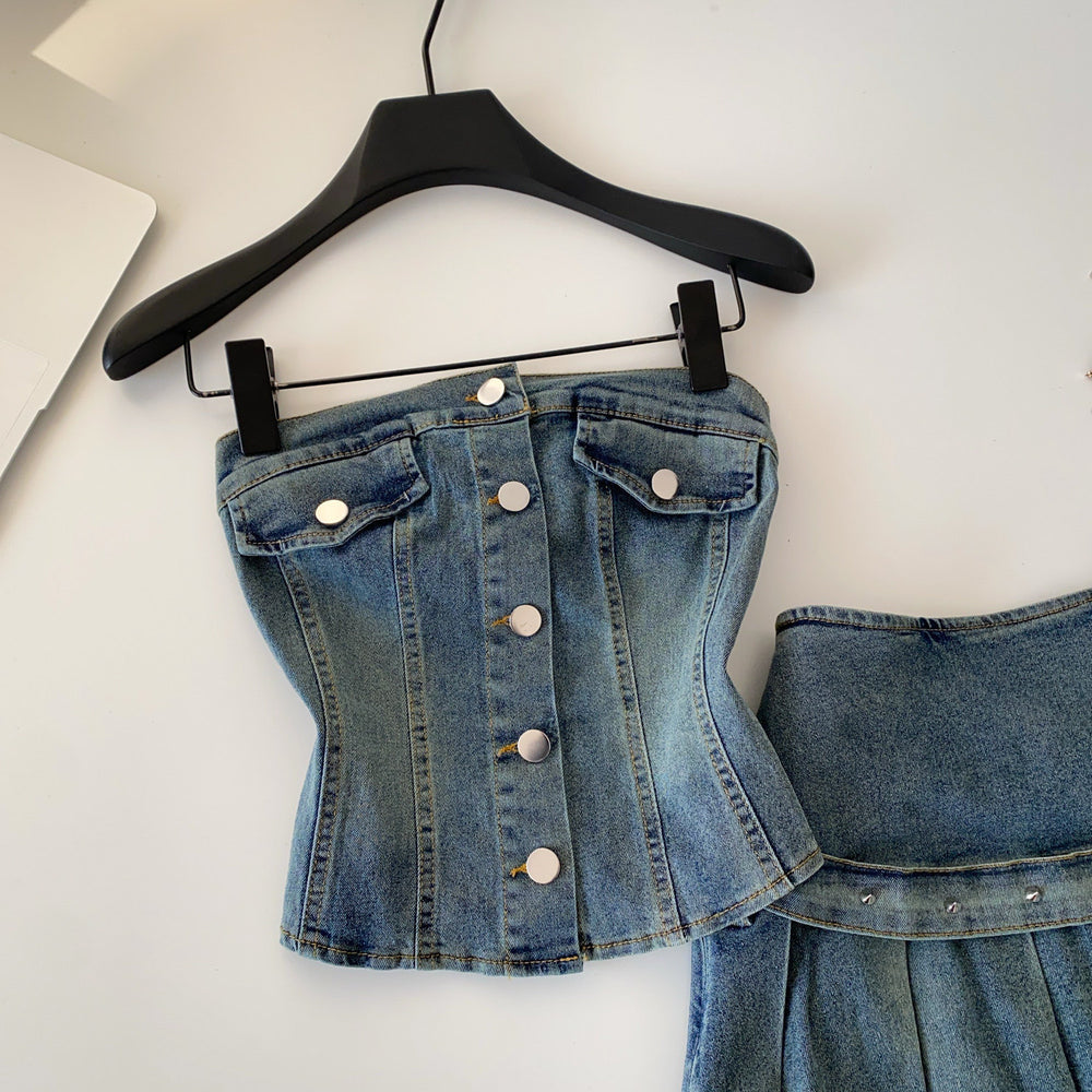 Exportretro denim style tube topvest pleated skirt two-piece set women's summer slimming look suit