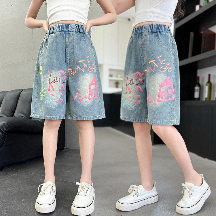 Girl denim shortssummer thin style  summer new style kidshalf length pantschildren's wide leg pants medium pants trendy