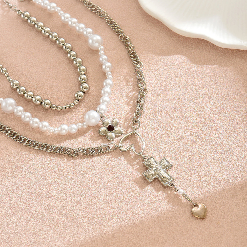 European and american cross-border trendy heavy-duty cross & heart pendant necklace, multi-layered design with floral and pearl accents