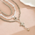 European and american cross-border trendy heavy-duty cross & heart pendant necklace, multi-layered design with floral and pearl accents