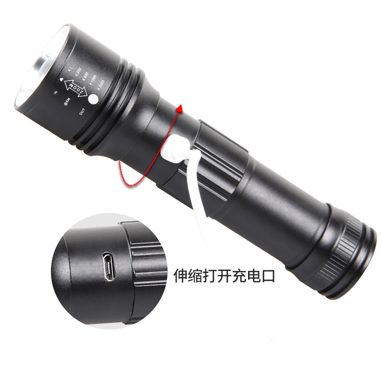 Cross-border new XHP50 strong light USB charging magnetic side light COB warning red, blue and white retractable LED flashlight