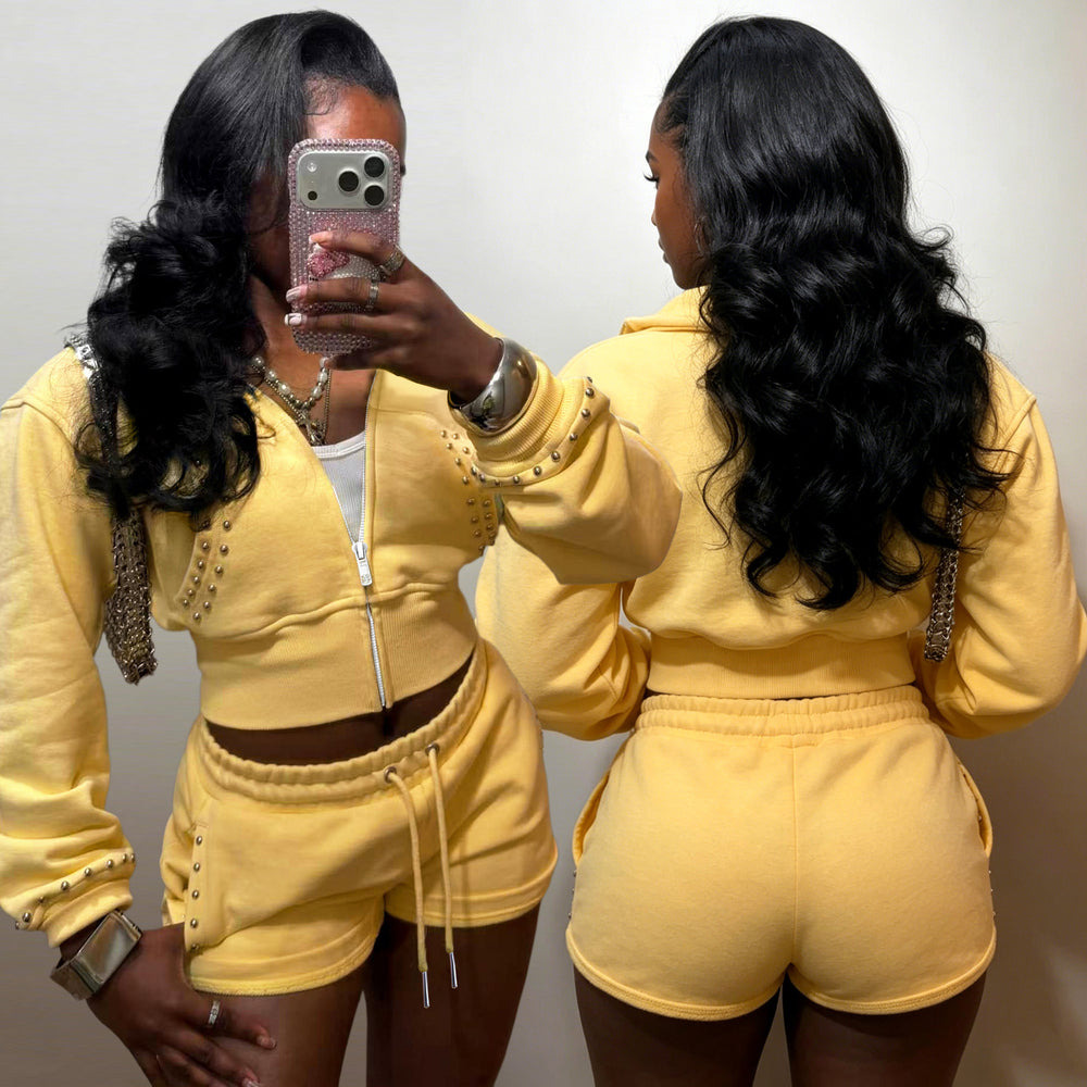 S391631 cross-border women's clothing rivet sportswear suit yellow zipper sweatshirt jacket drawstring shorts two-piece set