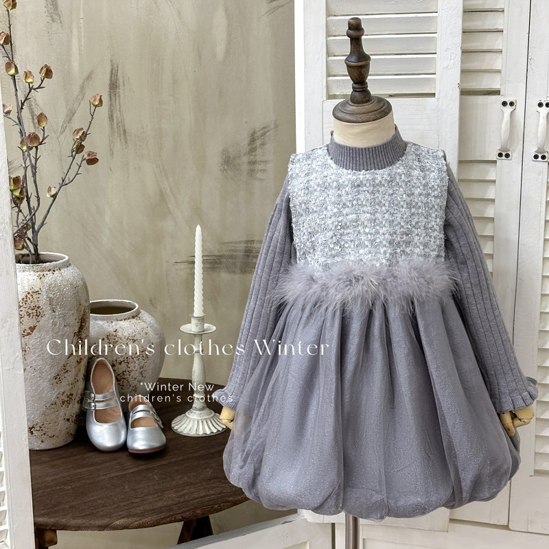 Girls' chic tweed-style patchwork mesh fleece-trimmed tulip skirt & versatile sweater two-piece set - trendy style
