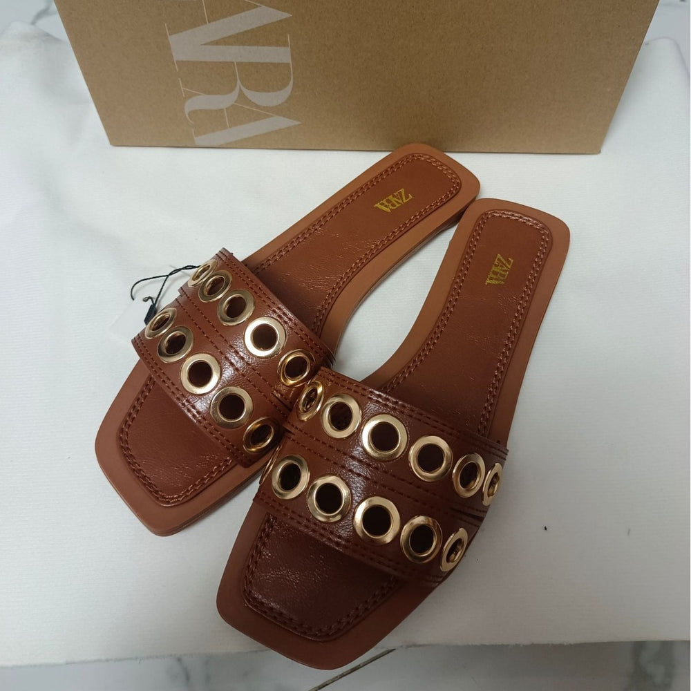Za2024 spring/summer new women's flat sandals - buckle closure, breathable, round toe, metal buckle fashion flat sandals