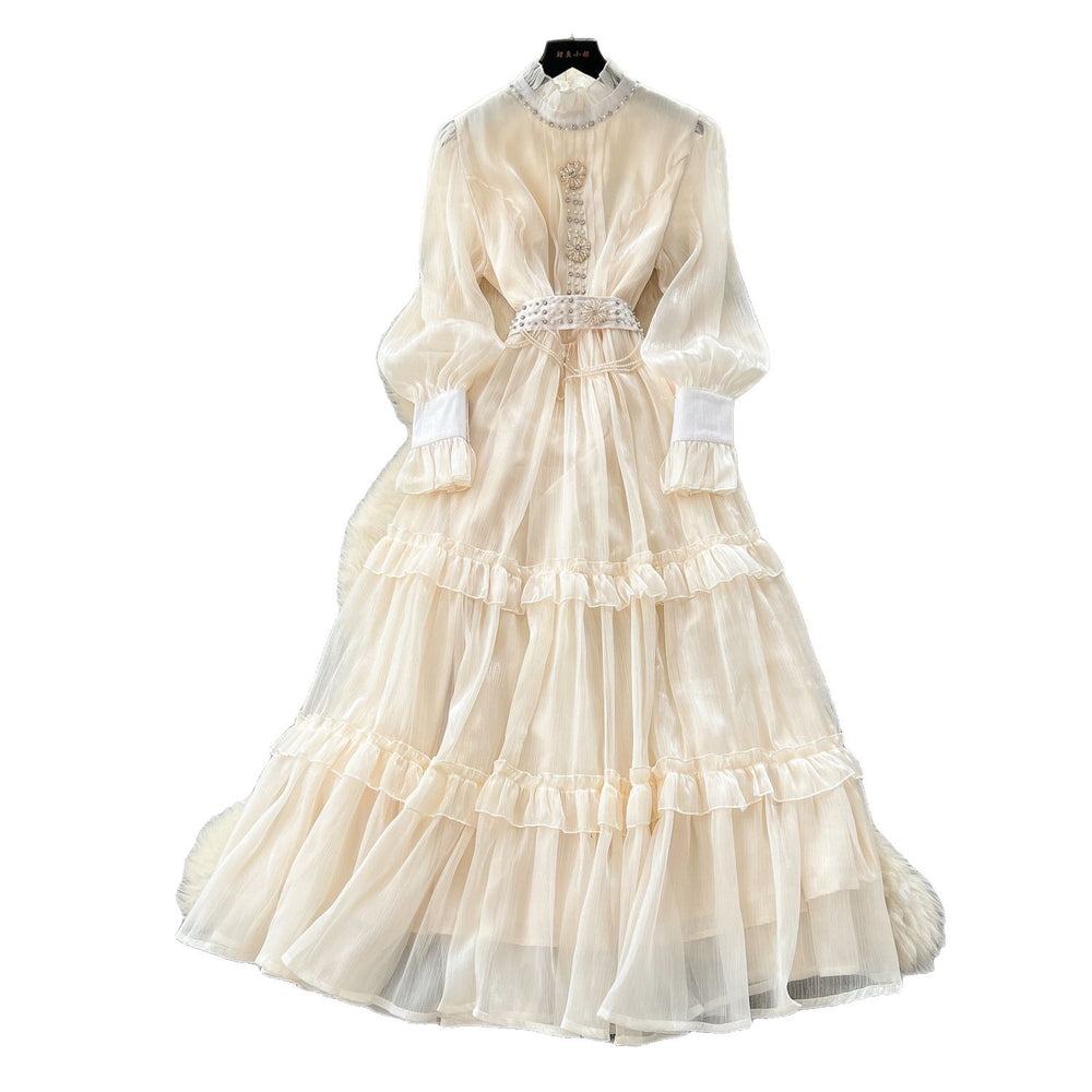 French court style dress - new  collection: exquisite beaded and rhinestone embellishments, cinched waist, lantern sleeves, and a flowing maxi skirt with mesh detailing