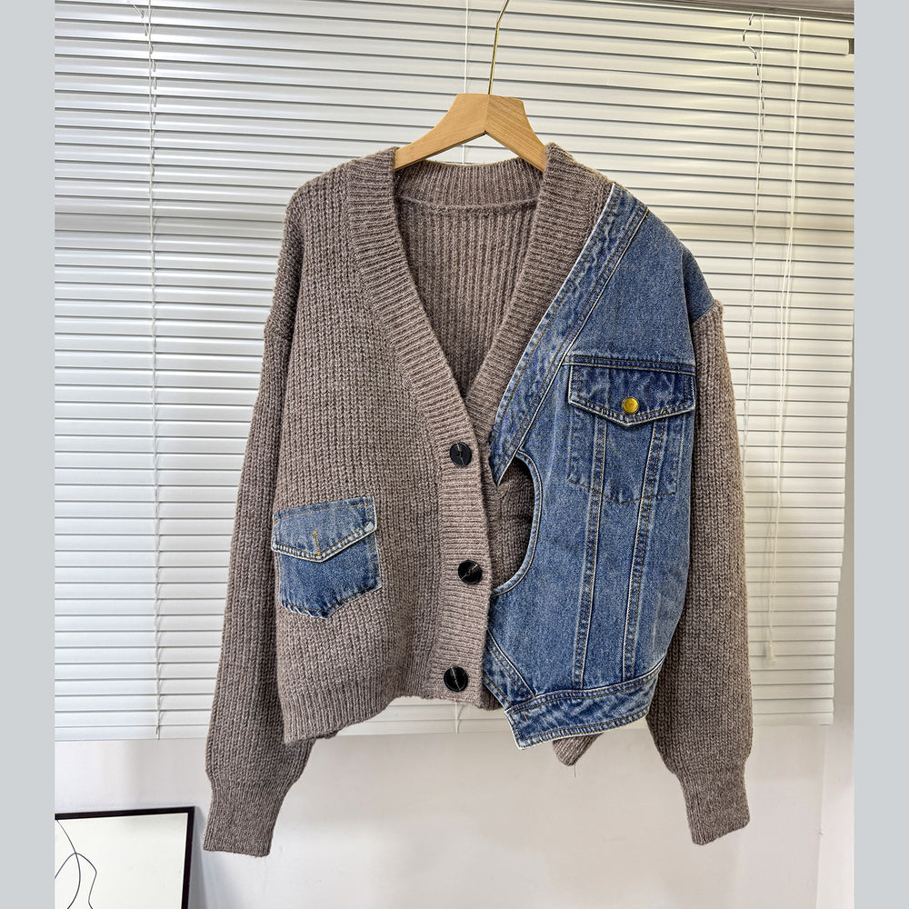fall/winter new knit & denim patchwork cardigan - irregular design, relaxed fit, trendy women's outerwear