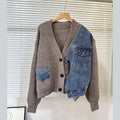 fall/winter new knit & denim patchwork cardigan - irregular design, relaxed fit, trendy women's outerwear