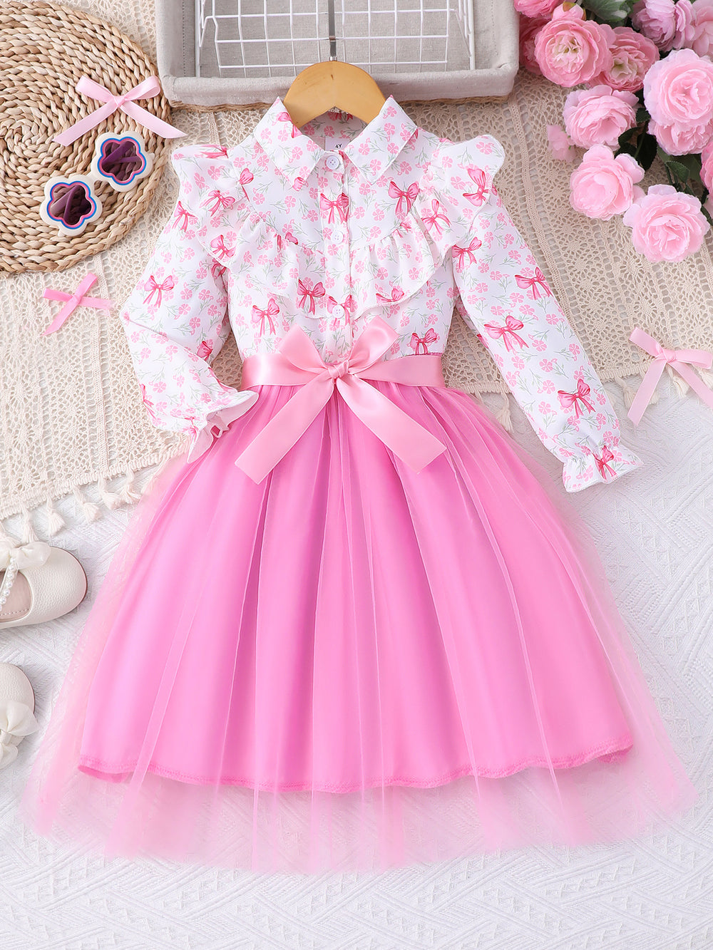 New girls' long-sleeve floral print mesh dress with turn-down collar and woven belt (available in toddler, little girl, and big girl sizes)