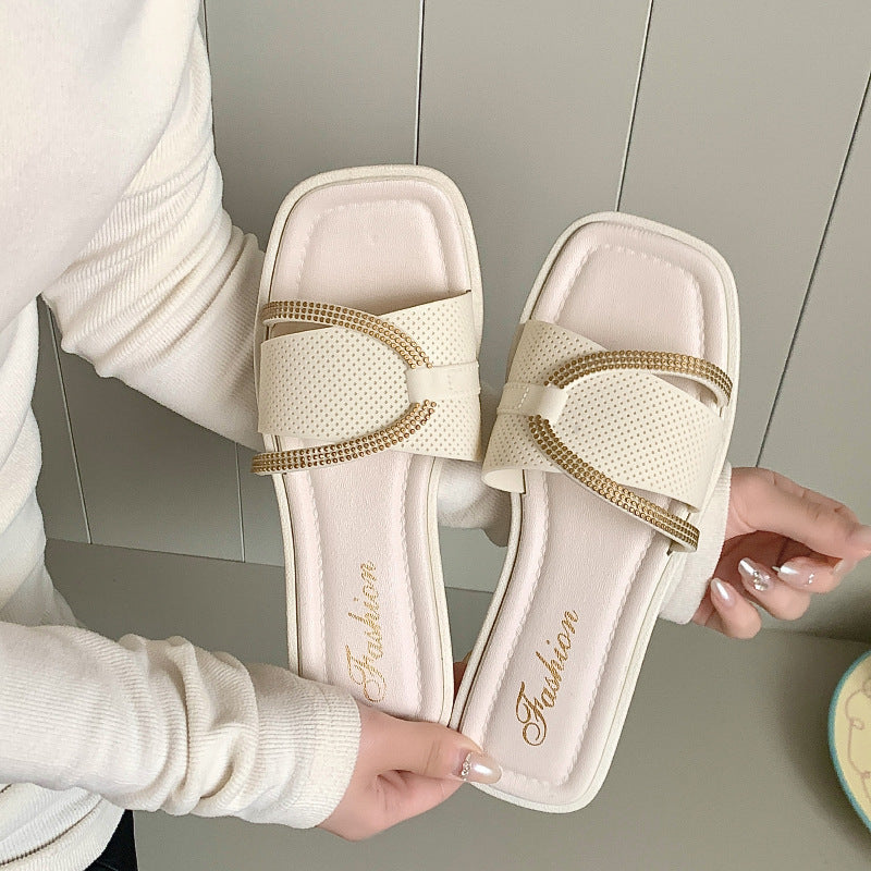 Women's slippers 2025 new korean style outdoor wear home flat one-strap sandals beach casual sweet style beach slippers