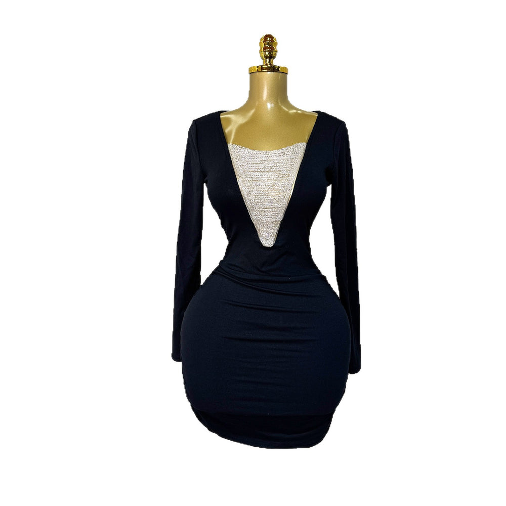 Fashion cross-border spring & fallv neck chain beaded long sleeves elastic silmdresssexy hip-covering short skirt for women dress