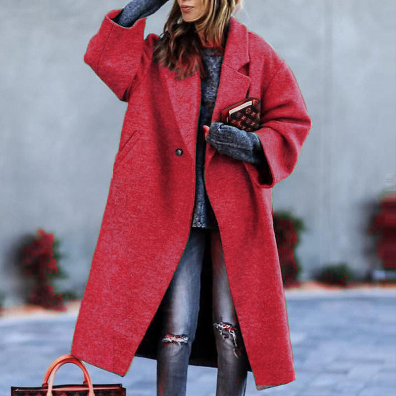 European and american autumn/winter long wool coat - chic, commuter style, beltless, turn-down collar, relaxed fit, wool green coat for women
