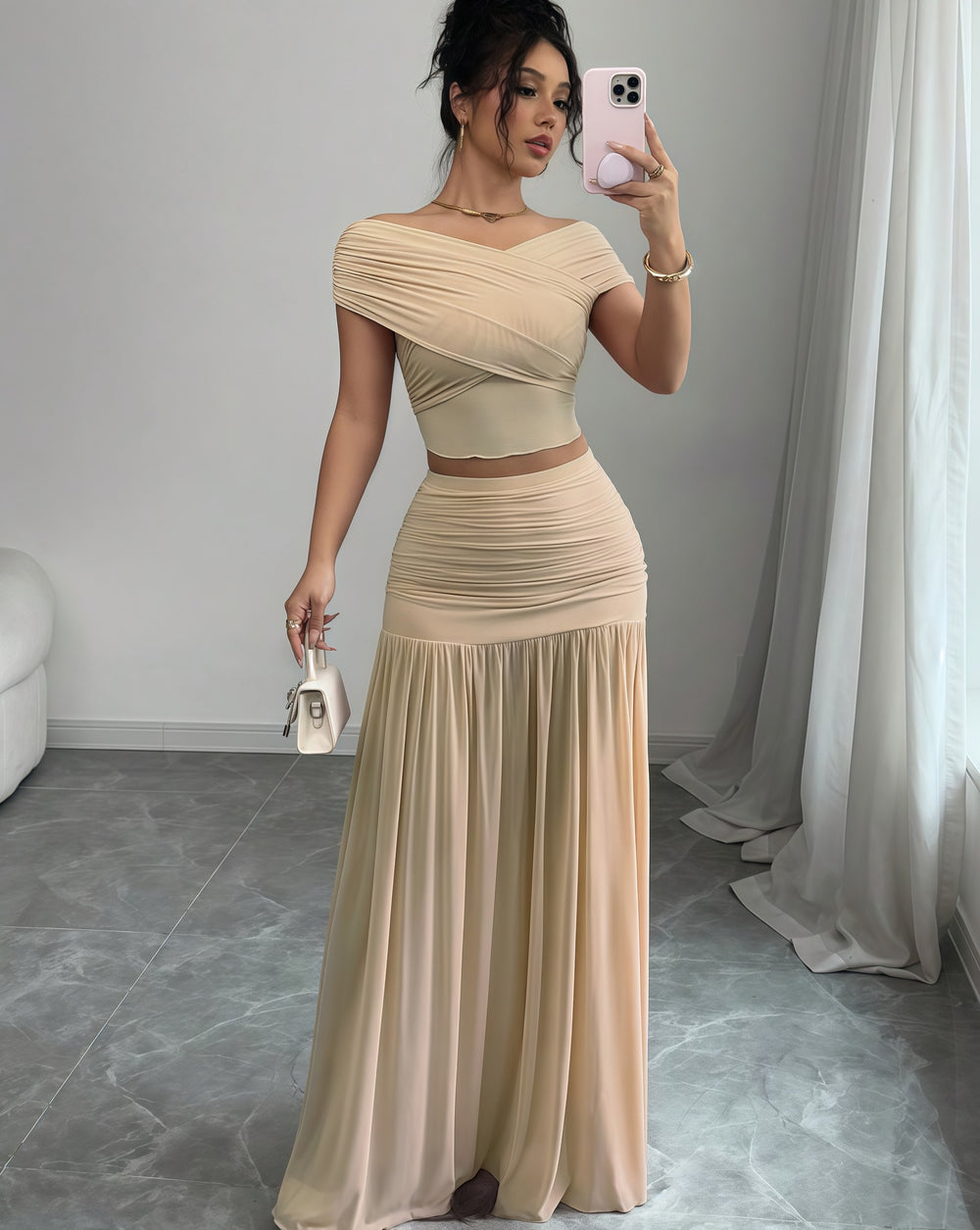 European and american cross-border women's fashion:  summer new arrival - solid color off-the-shoulder top with cinched waist pleated panel skirt two-piece set