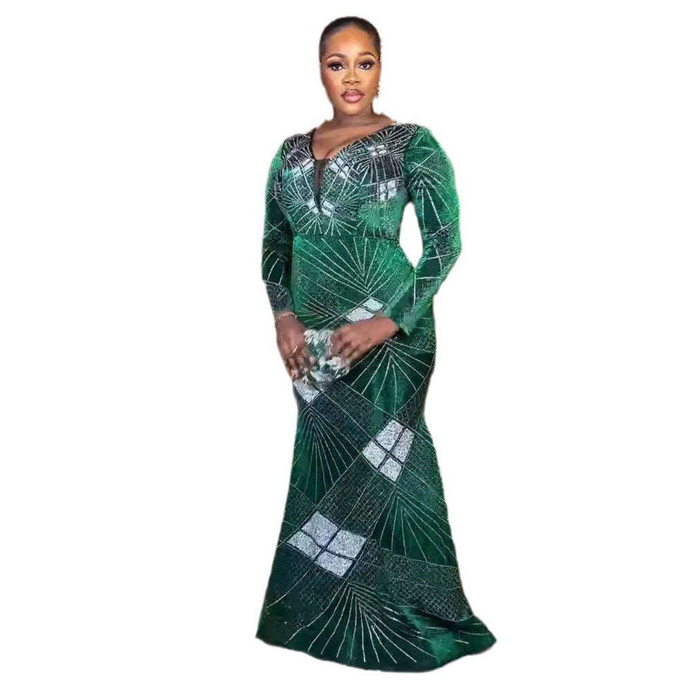 Shiny silk fabric hotfix rhinestone full body sequined mermaid hem stretch fabric european and american african performance runway evening gown