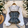 French retro leopard print two-piece set for women - spring/autumn, cinched waist, tie-up layered vest, high-end outfit