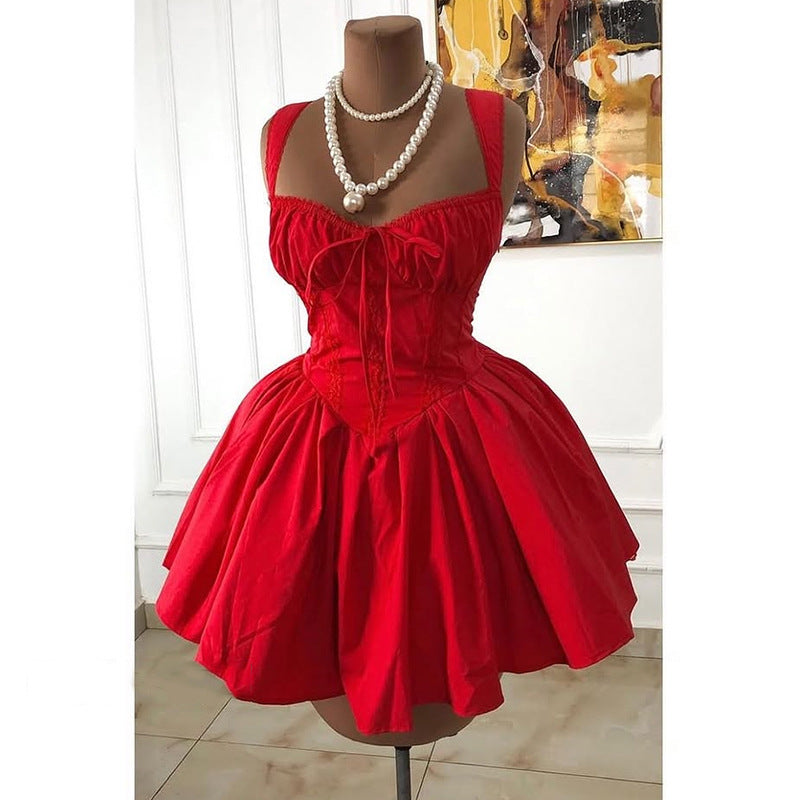 European and american cross-border women's fashion:  summer new arrival - elegant bow high-waisted boned a-line cami mini dress