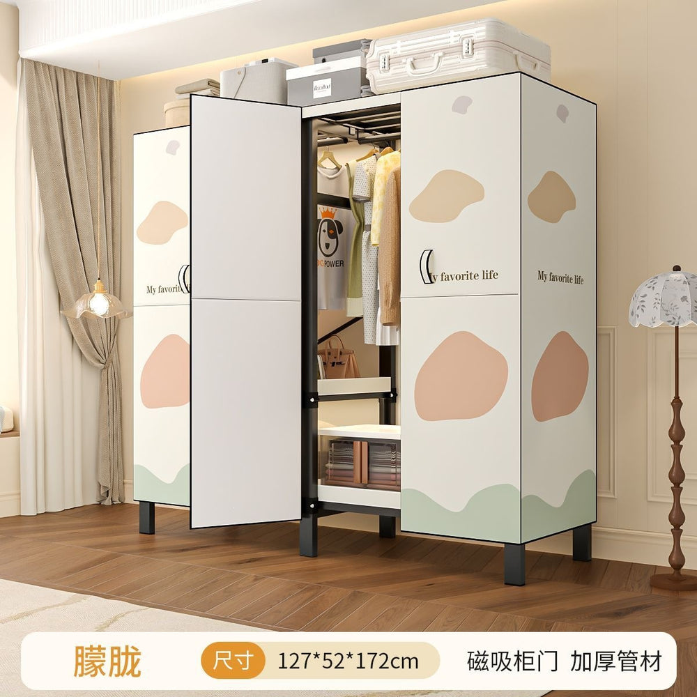 Easy-to-assemble, foldable wardrobe for bedrooms, ideal for home use or rental properties. dustproof, moisture-proof, with reinforced construction, fully sealed, and mildew-resistant. features a convenient swing-out door