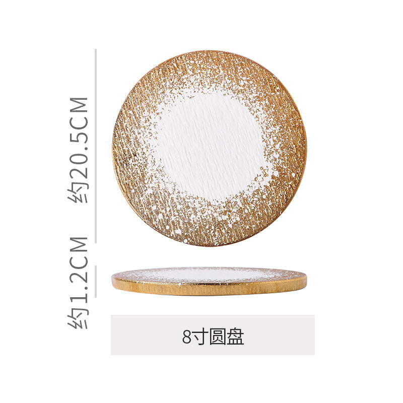 Minimalist gold matte western dinner plate - hotel & restaurant steak serving dish - stone texture square/round ceramic flat plate