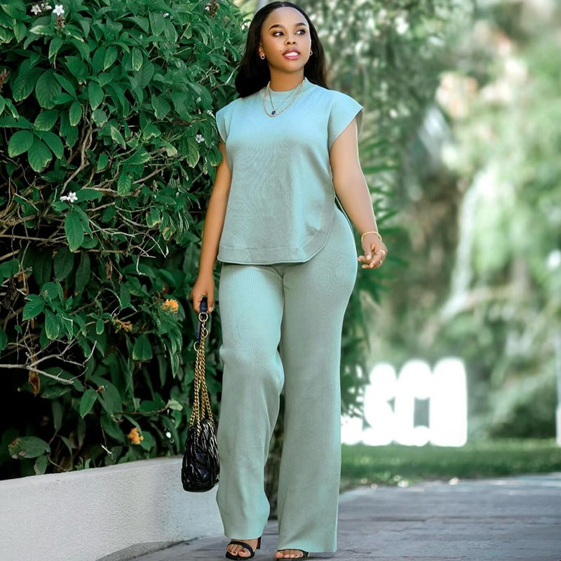 European and american cross-border women's fashion  autumn new arrival: elegant solid color mock neck short sleeve t-shirt and wide leg pants set