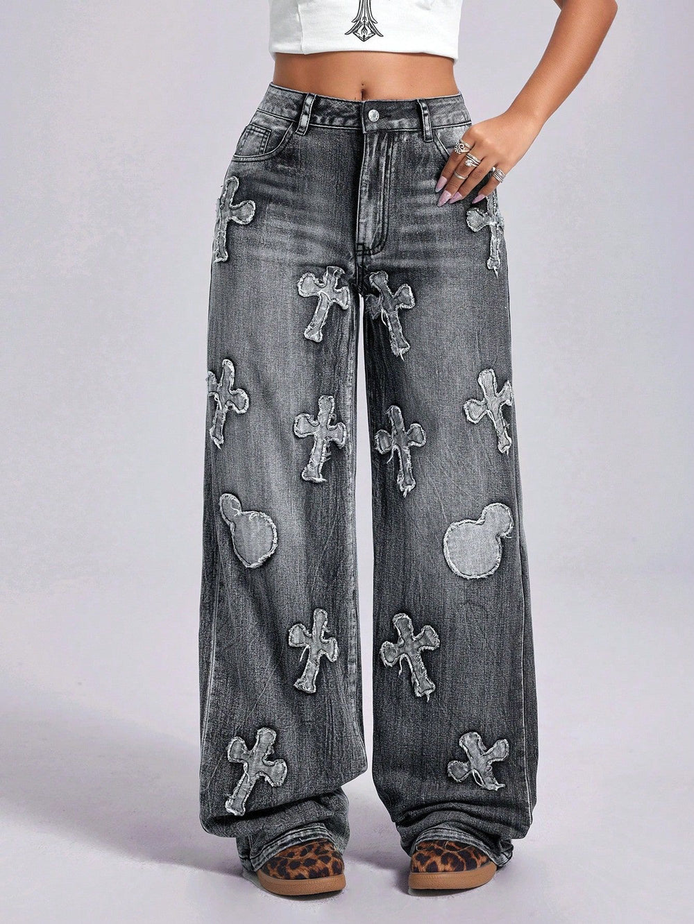 Pre-sale-65759# cross-border women's fashion european and american foreign trade ins retro cross embroidery straight-leg denim