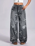 Pre-sale-65759# cross-border women's fashion european and american foreign trade ins retro cross embroidery straight-leg denim