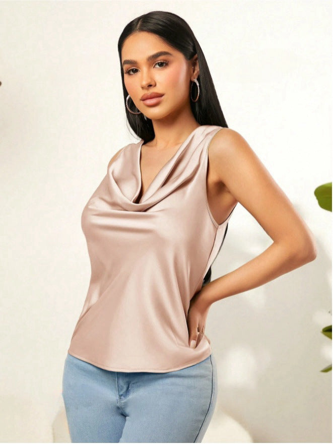 summer new satin ruched neck solid color sleeveless tank top - wholesale european and american style sleeveless tops