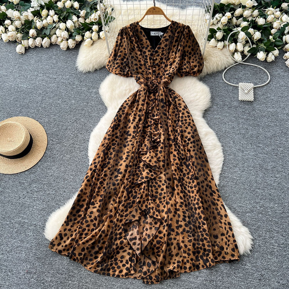 French chic high-end women's dress -  summer collection: 3d floral appliqué, ruffle hem, cinched waist, puff sleeves, printed maxi dress