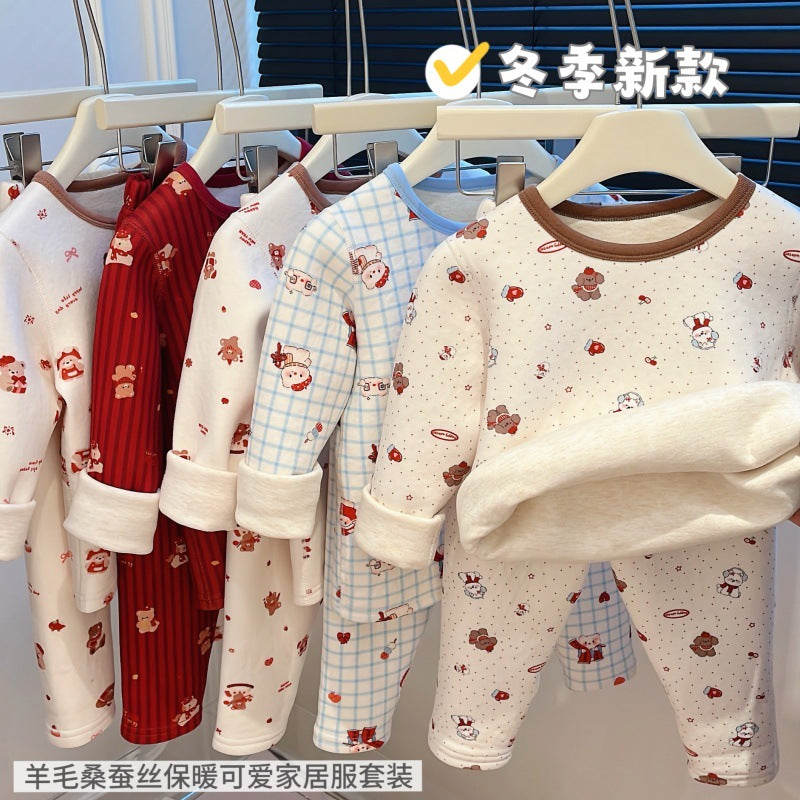 Autumn wintergirlthickened home wear suit baby heattech autumn clothes and long trousers trendy pajamas kids clothes children's clothing